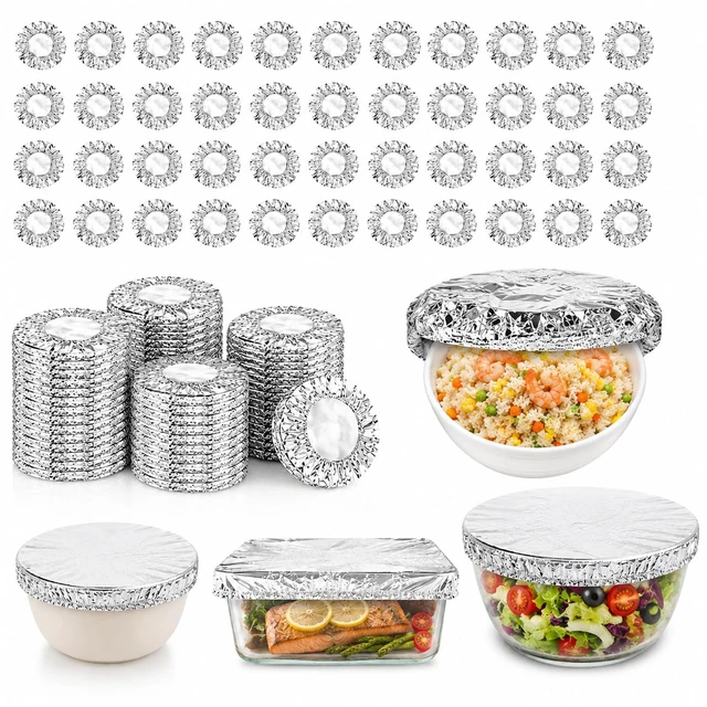 Main image of 120Pcs-Reusable Aluminum Foil Food Covers | Stretch 3x to fit 10-28cm bowls. Thick foil keeps food hot, rinses clean fast. Strong, reusable, microwave-safe. 120-pk.