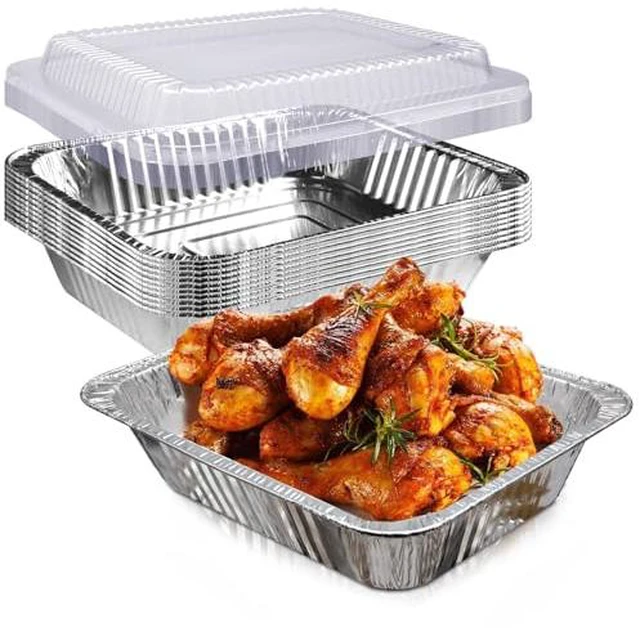 Alt view image 2 of 5 - 9x13 Disposable Aluminum Foil Pans with Clear Lids (10 Pack), Durable Half Size Deep Extra Heavy Duty Food Containers for Baking, Cooking, Roasting, Heating or Steam Table