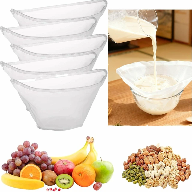 Main image of 5PCS Cheese Cloth Bags for Straining, Bowl-shaped reusable nylon cheese cloth filter bag, fine mesh multi-purpose food filter bag, suitable for nut milk, juice, soy milk, dumpling fillings. (Large)