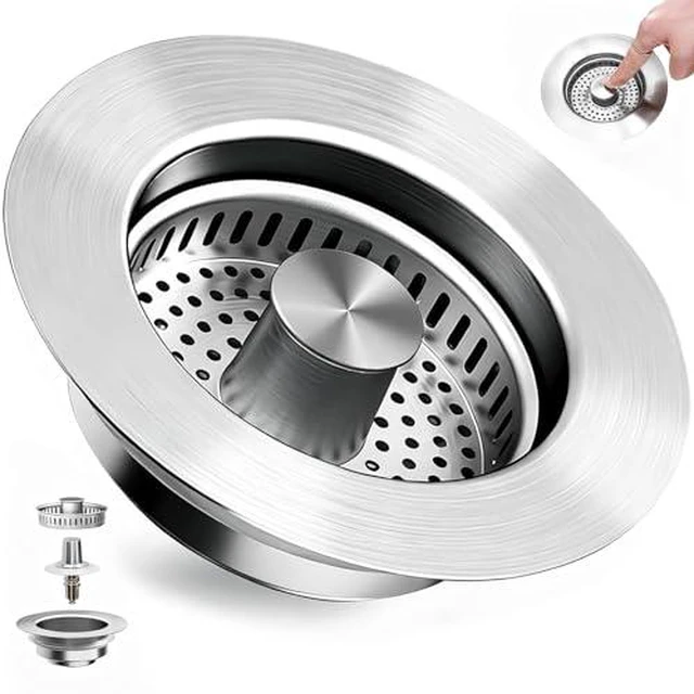 Alt view image 2 of 2 - 3 in 1 Kitchen Sink Drain Strainer, Universal Pop Up Stopper with Brass Core & Removable Stainless Steel Filter Basket, Anti-Clogging Sink Drain Strainer for US Standard 3-1/2'' Drain Hole