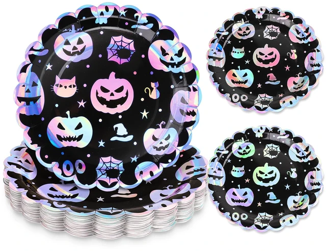 Main image of 50 Pcs Iridescent Halloween Disposable Party Plates Silver Evil Pumpkin Skull Cat Paper Plate Color-Changing Holographic Dinner Plates for Trick or Treat Spooky Kitchen Supplies, 9 Inch