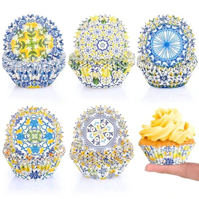 Alt view image 2 of 3 - Funrous 200 Lemon Cupcake Liners, Blue Tile Paper Baking Cups