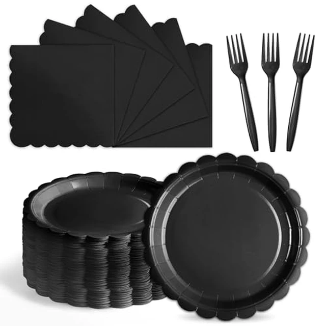 Alt view image 2 of 5 - 105PCS Black Paper Plates & Napkins Set, 7inch Scallope, with Forks