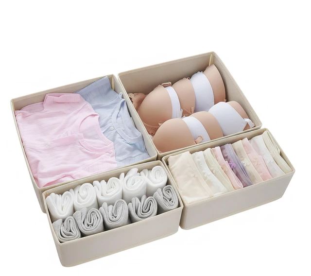 Main image of Drawer Organizer Set 4 Pack - Foldable Fabric Storage Bins with Zipper Bottom for Underwear Socks Bras Baby Clothes - Closet Dresser Organizers Dividers for Bedroom Nursery, Beige