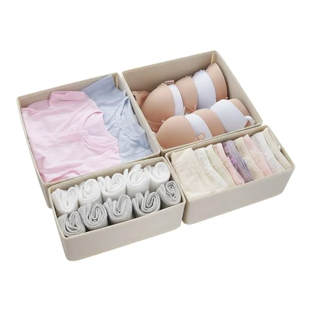 Alt view image 2 of 5 - Drawer Organizer Set 4 Pack - Foldable Fabric Storage Bins with Zipper Bottom for Underwear Socks Bras Baby Clothes - Closet Dresser Organizers Dividers for Bedroom Nursery, Beige