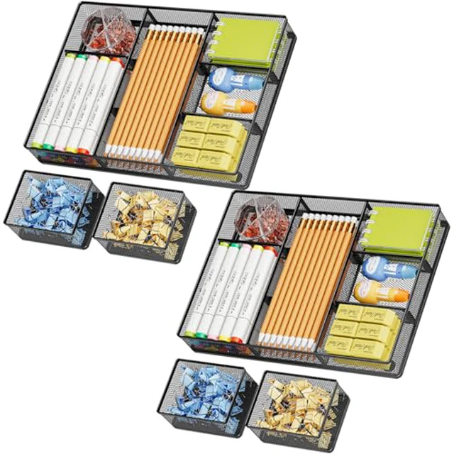 Alt view image 3 of 4 - Marbrasse 3 Packs Desk Drawer Organizers, Metal Mesh Dividers Desk Drawer Organizer Tray with 9 Adjustable Compartments, Pen Organizer for Drawer Tray Box Accessories for Desktop,Kitchen, Makeup