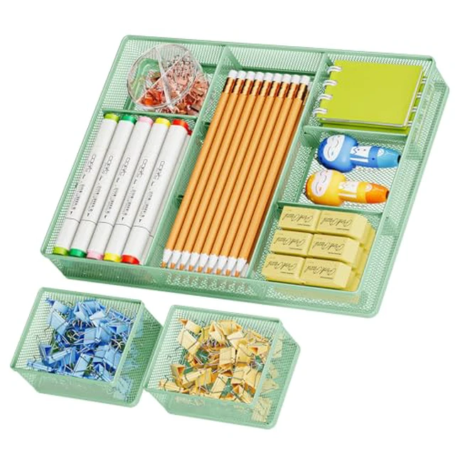 Alt view image 4 of 4 - Marbrasse 3 Packs Desk Drawer Organizers, Metal Mesh Dividers Desk Drawer Organizer Tray with 9 Adjustable Compartments, Pen Organizer for Drawer Tray Box Accessories for Desktop,Kitchen, Makeup