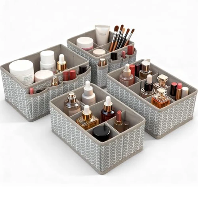Alt view image 5 of 5 - Cosmetic Storage Bins Makeup Organizer, Adjustable Multifunction Storage Box Desk Drawer Divider for Makeup Brushes, Bathroom Countertop or Dresser, Set of 3 (Grey)