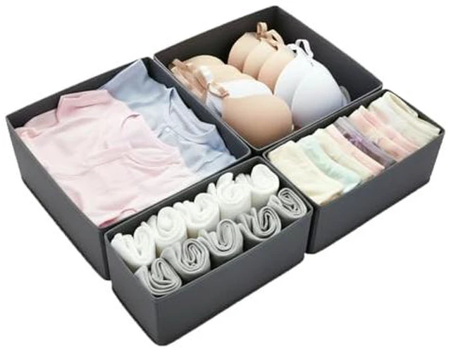Alt view image 2 of 6 - Drawer Organizer for Clothes & Underwear - 4-Pack Fabric Storage Bins with Zipper Bottom | Bra Drawer Organizer & Sock Organizer for Dresser - Foldable Baby Clothes Organizer Set, Grey