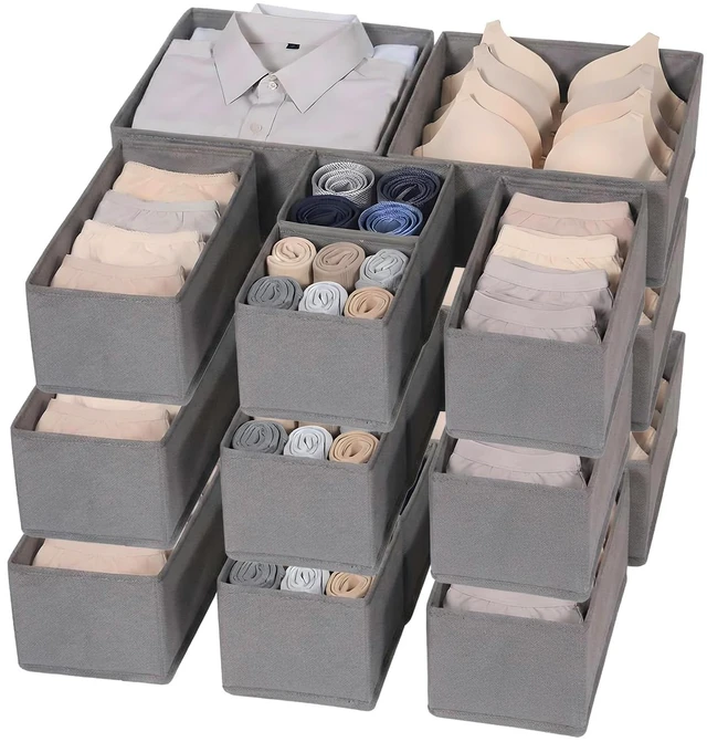 Main image of Garvee Drawer Organizer Clothes, Set of 18 Dresser Organizer Bins for Baby Clothes, Underwear, Bra & Sock, Foldable Fabric Closet Drawer Divider Organization for Bedroom, Nursery, Grey