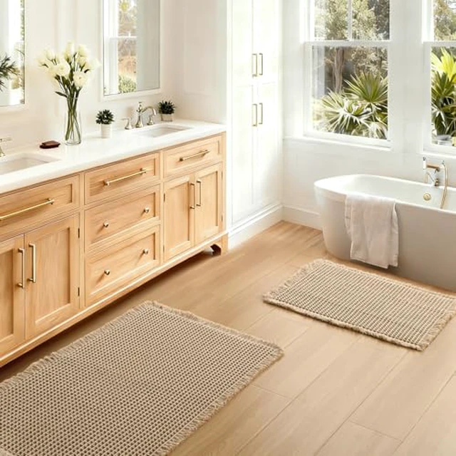 Alt view image 2 of 5 - JIUZHEN Set of 2 Waffle Bath Mats Boho Bath Rugs 16"x24"+20"x32", Brown