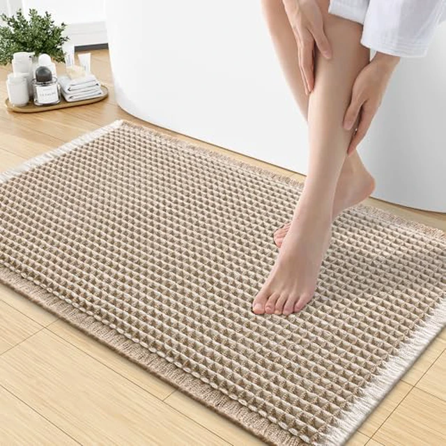 Alt view image 2 of 5 - Smiry Waffle Bath Mat 30X18, Soft Absorbent Bathroom Rugs, Brown & Cream