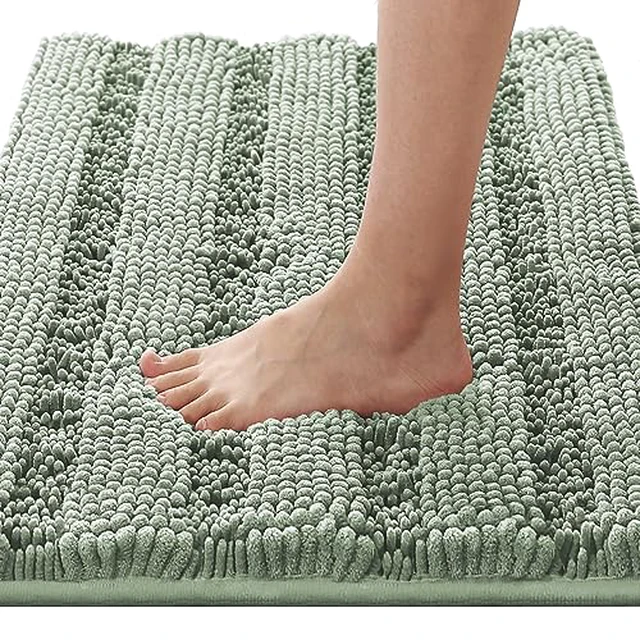 Alt view image 2 of 6 - Bath Rugs for Bathroom Non Slip Bath Mats Extra Thick Chenille Striped Rug 20" x 32" Absorbent Non Skid Fluffy Soft Shaggy Washable Dry Fast Plush Mat for Indoor, Bath Room, Tub - Sage