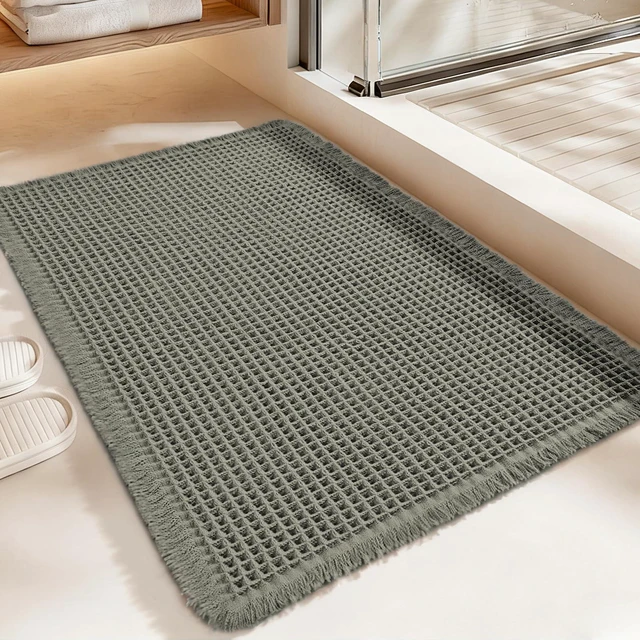 Main image of Luxury Waffle Bath Mat, Super Absorbent Non Slip Bathroom Rugs, Boho Ultra Soft Comfort Machine Washable Quick Dry Floor Mats with Tassels (Olive Green, 17" x 24")