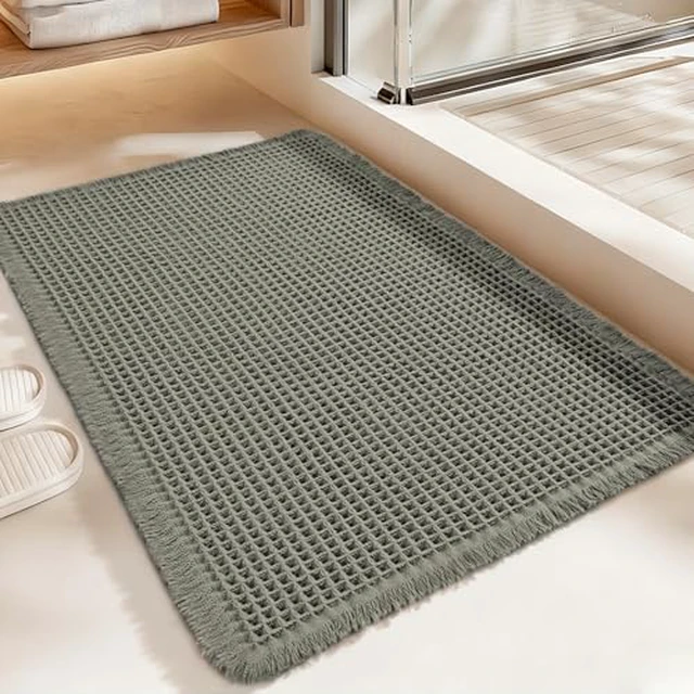 Alt view image 2 of 5 - Luxury Waffle Bath Mat, Super Absorbent Non Slip Bathroom Rugs, Boho Ultra Soft Comfort Machine Washable Quick Dry Floor Mats with Tassels (Olive Green, 17" x 24")