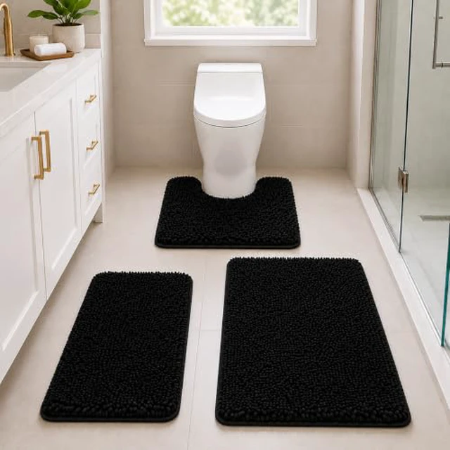 Alt view image 3 of 6 - Bathroom Rugs Set Non Slip 3 Piece Bath Mat Washable Chenille Bath Rugs with PVC Backing Bath Carpet,Absorbent Bathroom Mats with Toilet Rug,Bath Mats for Bathroom,Bedroom, Kitchen,Tub,Home Decor