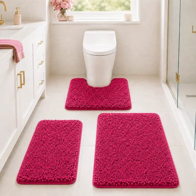 Alt view image 5 of 6 - Bathroom Rugs Set Non Slip 3 Piece Bath Mat Washable Chenille Bath Rugs with PVC Backing Bath Carpet,Absorbent Bathroom Mats with Toilet Rug,Bath Mats for Bathroom,Bedroom, Kitchen,Tub,Home Decor