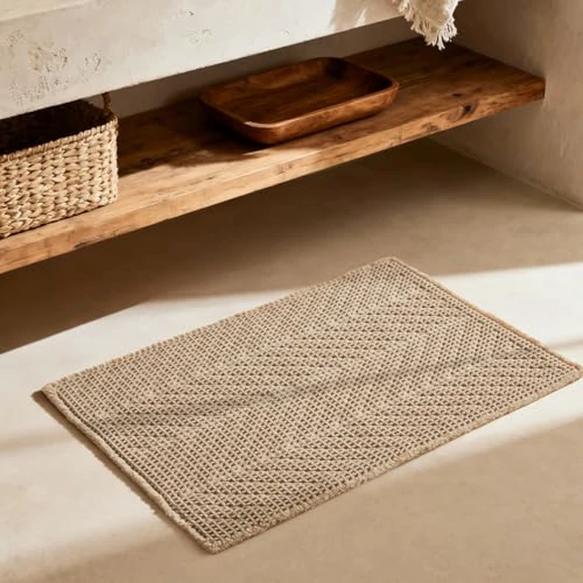 Alt view image 2 of 5 - Sunfly Boho Bathroom Rug, Herringbone Waffle Bath Mat Non-Slip Washable Super Absorbent Quick Dry, Farmhouse Bath Mat for Bathroom Floor Decor 20"*30" Khaki