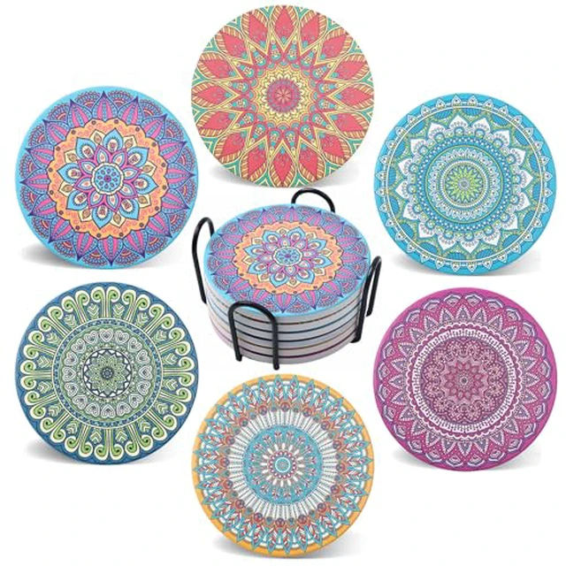 Alt view image 3 of 6 - Coasters for Drinks with Holder Set of 6, Vintage Sun Moon Absorbent Cork Wood Coaster for Cup Desk Office Table Decor House Warming Gifts, Round 4"