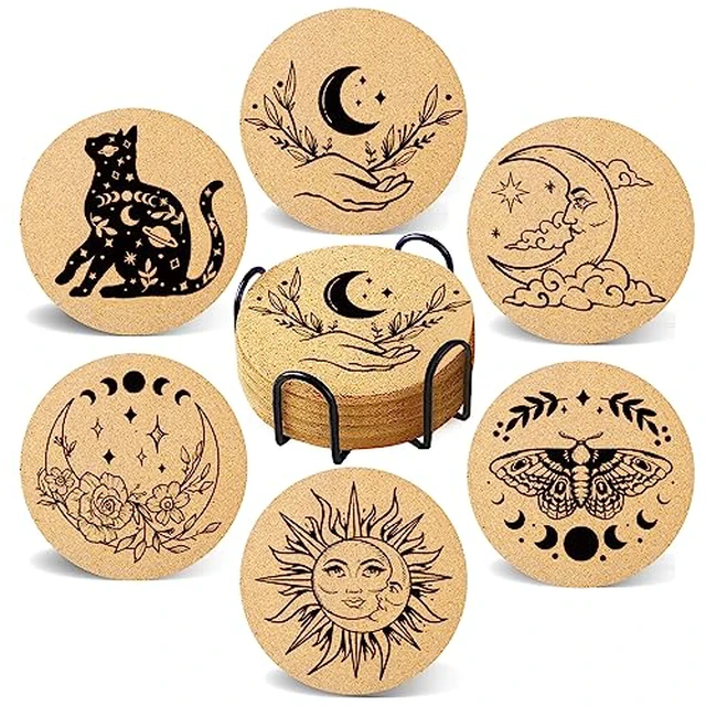 Alt view image 2 of 6 - Coasters for Drinks with Holder Set of 6, Vintage Sun Moon Absorbent Cork Wood Coaster for Cup Desk Office Table Decor House Warming Gifts, Round 4"