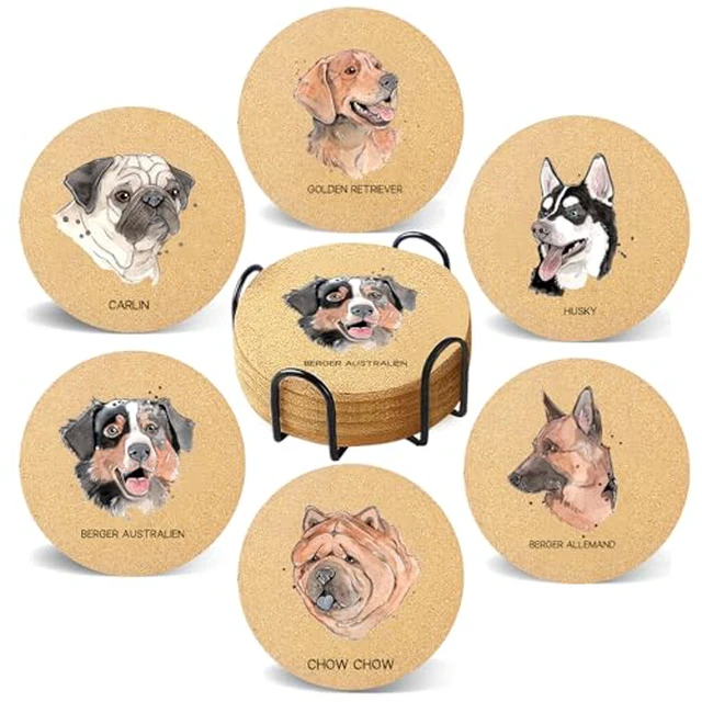 Alt view image 4 of 6 - Coasters for Drinks with Holder Set of 6, Vintage Sun Moon Absorbent Cork Wood Coaster for Cup Desk Office Table Decor House Warming Gifts, Round 4"