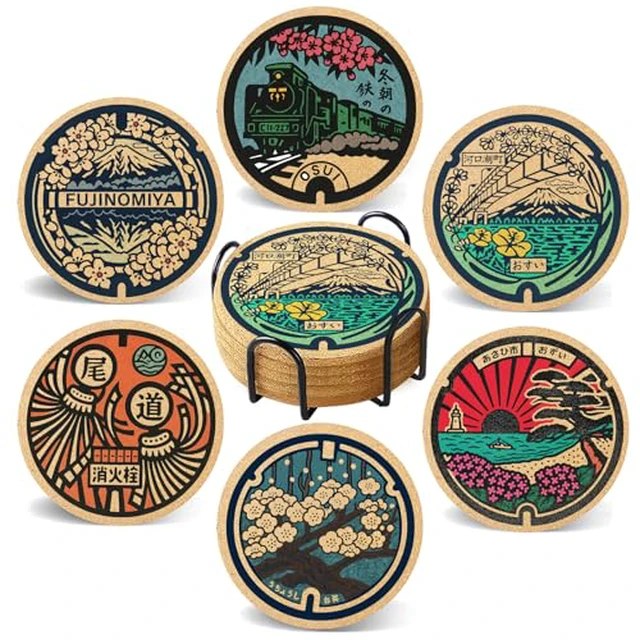 Alt view image 5 of 6 - Coasters for Drinks with Holder Set of 6, Vintage Sun Moon Absorbent Cork Wood Coaster for Cup Desk Office Table Decor House Warming Gifts, Round 4"