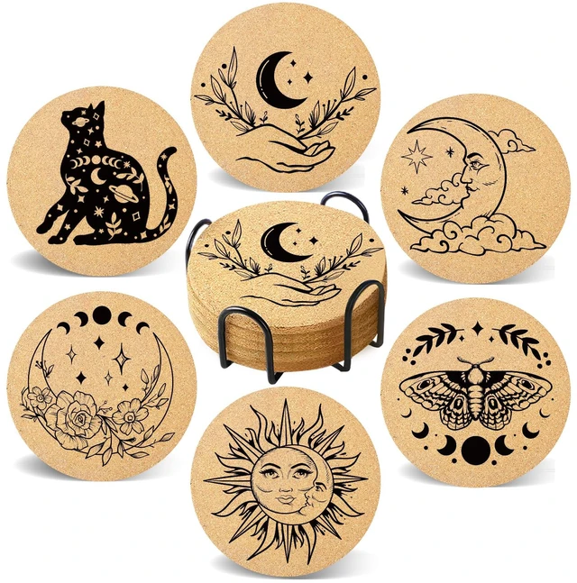Main image of Coasters for Drinks with Holder Set of 6, Vintage Sun Moon Absorbent Cork Wood Coaster for Cup Desk Office Table Decor House Warming Gifts, Round 4"