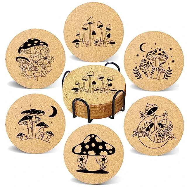 Alt view image 6 of 6 - Coasters for Drinks with Holder Set of 6, Vintage Sun Moon Absorbent Cork Wood Coaster for Cup Desk Office Table Decor House Warming Gifts, Round 4"