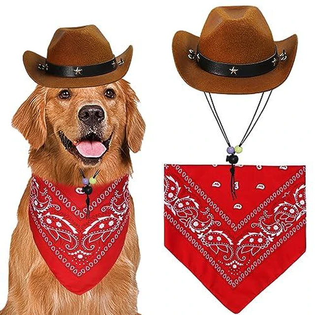 Alt view image 2 of 7 - GOYOSWA Dog Halloween Costumes, Dog Cowboy Costume Halloween Dog Cowboy Hat Halloween Dog Bandana Scarf Funny Dog Halloween Costumes for Small Medium Large Dogs Pets (Brown Hat & Red Bandana, Larg