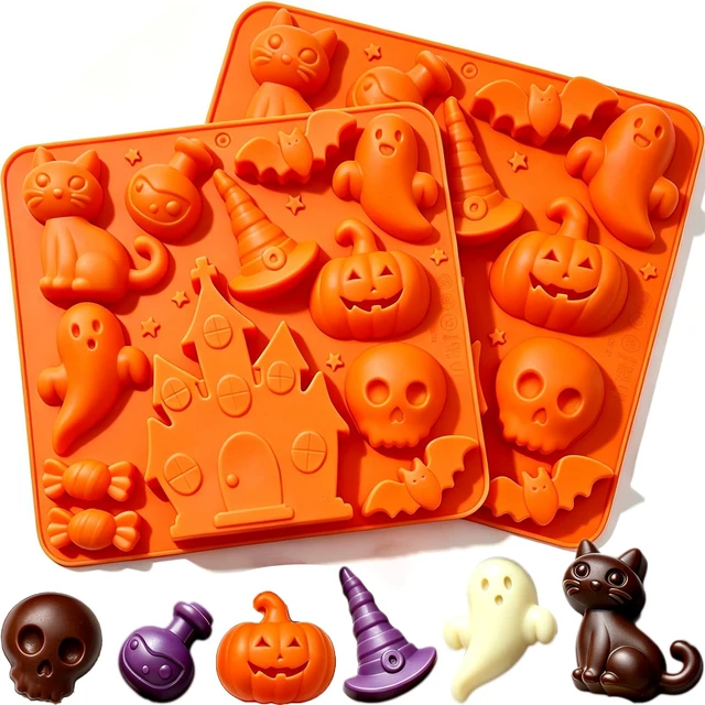 Main image of 2 Pack Halloween Chocolate Candy Silicone Mold, Halloween Molds Pumpkin Bat Witch Hat Cat Skull Haunted House Gummy Fondant Baking Mold for DIY Ice Cube Wax Melts, Halloween Party Cupcake Decorating