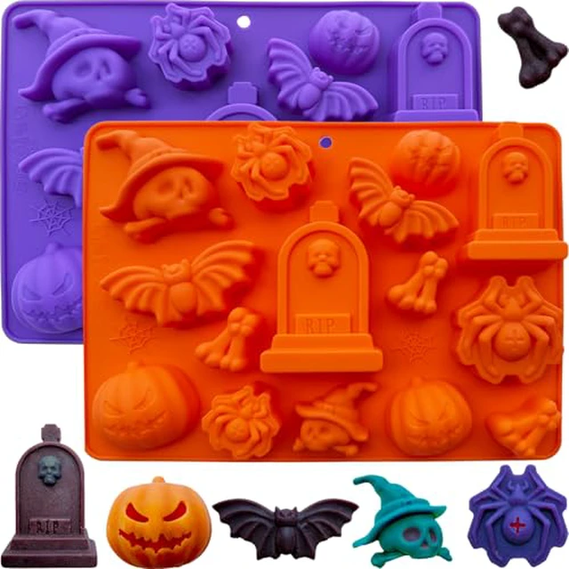 Alt view image 3 of 5 - 2 Pack Halloween Chocolate Candy Silicone Mold, Halloween Molds Pumpkin Bat Witch Hat Cat Skull Haunted House Gummy Fondant Baking Mold for DIY Ice Cube Wax Melts, Halloween Party Cupcake Decorating