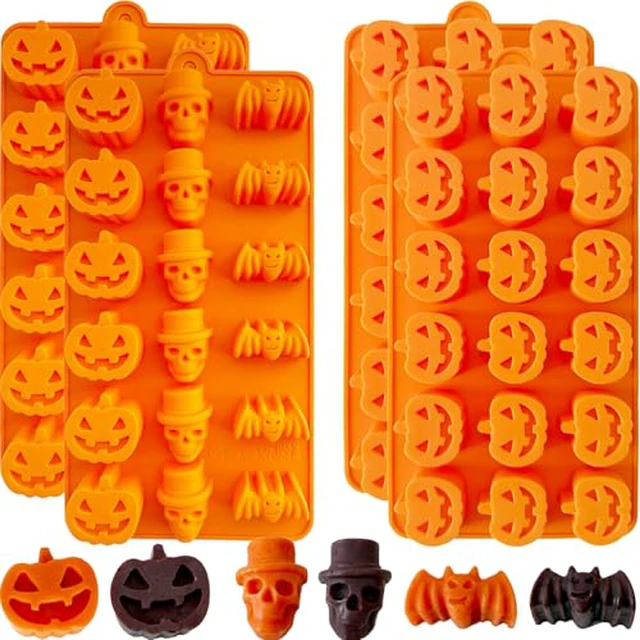 Alt view image 4 of 5 - 2 Pack Halloween Chocolate Candy Silicone Mold, Halloween Molds Pumpkin Bat Witch Hat Cat Skull Haunted House Gummy Fondant Baking Mold for DIY Ice Cube Wax Melts, Halloween Party Cupcake Decorating