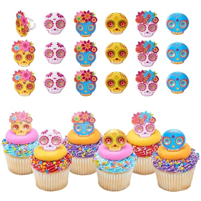 Alt view image 2 of 2 - DecoPac Calavera Mask Cake Toppers, Día de los Muertos, 24 Count, 24-Pack