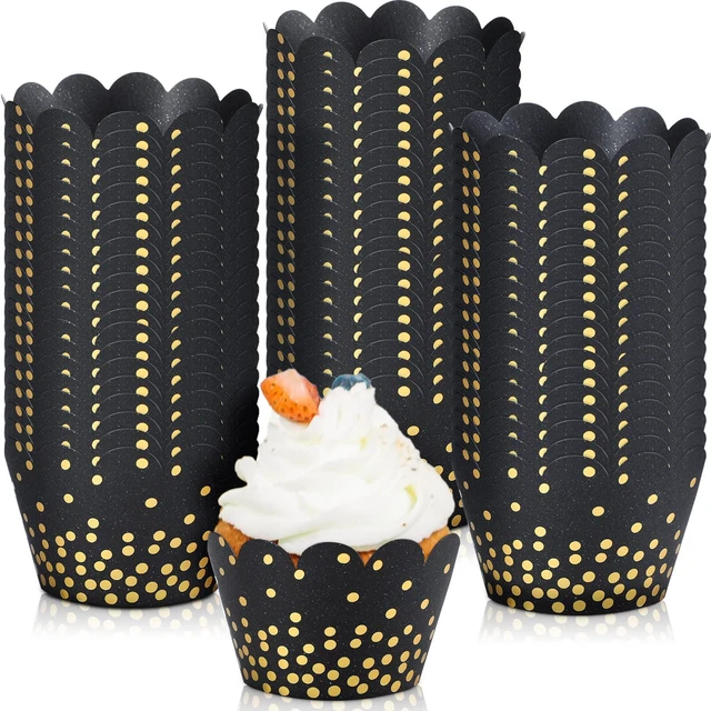 Main image of Zhehao 60 Pcs Gold Polka Dots Cupcake Wrappers Adjustable, Black