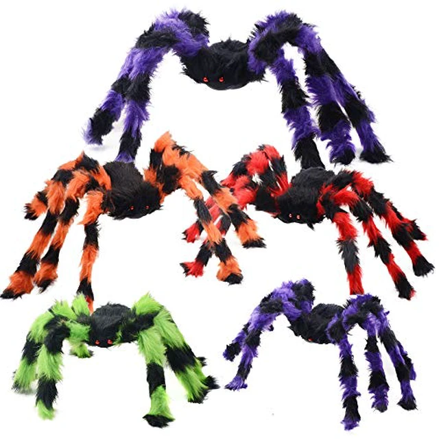 Alt view image 2 of 2 - 5pcs Halloween Spider Giant Spider with Red Eyes Colorful Hairy Scary Halloween Spider Decorations for Indoor,Outdoor(1pcs 30",2pcs 20",2pcs 12")