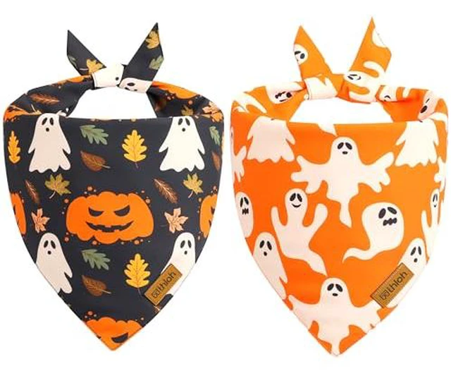 Alt view image 2 of 7 - Halloween Dog Bandanas - 2 Pack Fall Dog Bibs | Reversible Pumpkin and Ghost Pet Scarf for Boys and Girls | Premium Durable Fabric | Orange Dog Bandana for Medium and Large Dogs (Large)