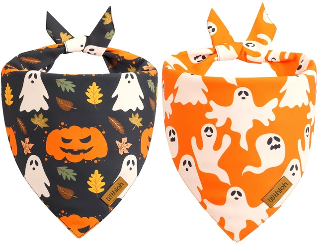 Main image of Halloween Dog Bandanas - 2 Pack Fall Dog Bibs | Reversible Pumpkin and Ghost Pet Scarf for Boys and Girls | Premium Durable Fabric | Orange Dog Bandana for Medium and Large Dogs (Large)