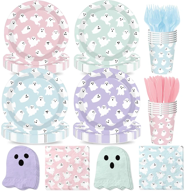 Main image of Halloween Paper Plates Ghost Party Decorations Ghost Plates and Napkins Cups Pastel Halloween Decor Tableware for Ghost Birthday Decorations