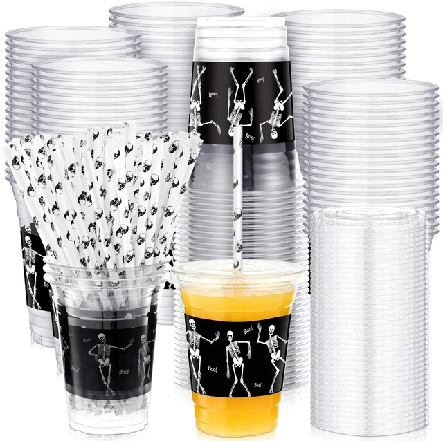 Main image of meekoo 50 Sets Skeleton Cup with Flat Lids and Straws 12 oz | White Black Skeleton Bone Plastic Cups, clear Drink Disposable Cups with Lids for Halloween Decoration Mega Haunted House