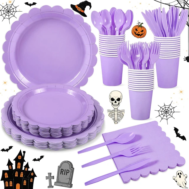 Main image of 25 Set Purple Plates and Napkins Scalloped Halloween Dinnerware