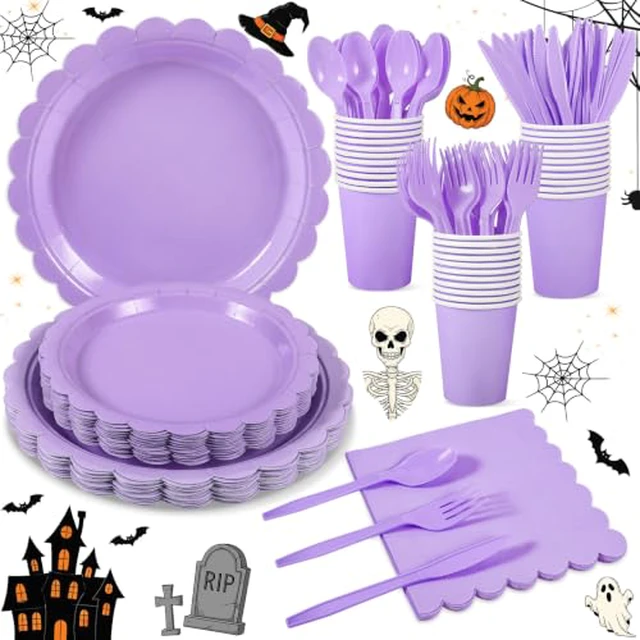 Alt view image 2 of 6 - 25 Set Purple Plates and Napkins Scalloped Halloween Dinnerware