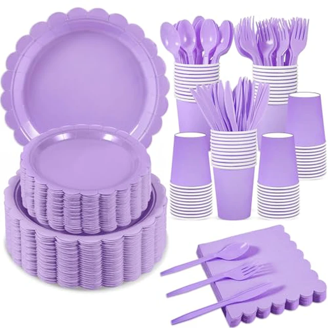 Alt view image 3 of 6 - 25 Set Purple Plates and Napkins Scalloped Halloween Dinnerware