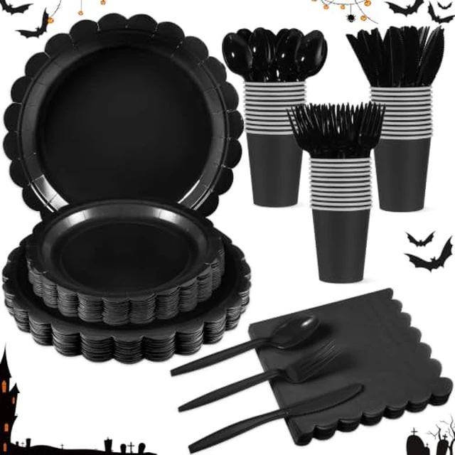Alt view image 2 of 6 - 25 Set Black Plates and Napkin Scalloped Black Halloween Dinnerware