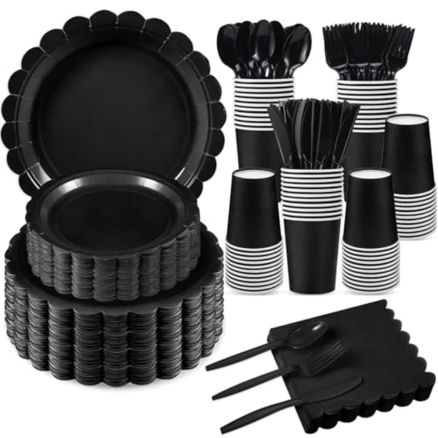 Alt view image 4 of 6 - 25 Set Purple Plates and Napkins Scalloped Halloween Dinnerware