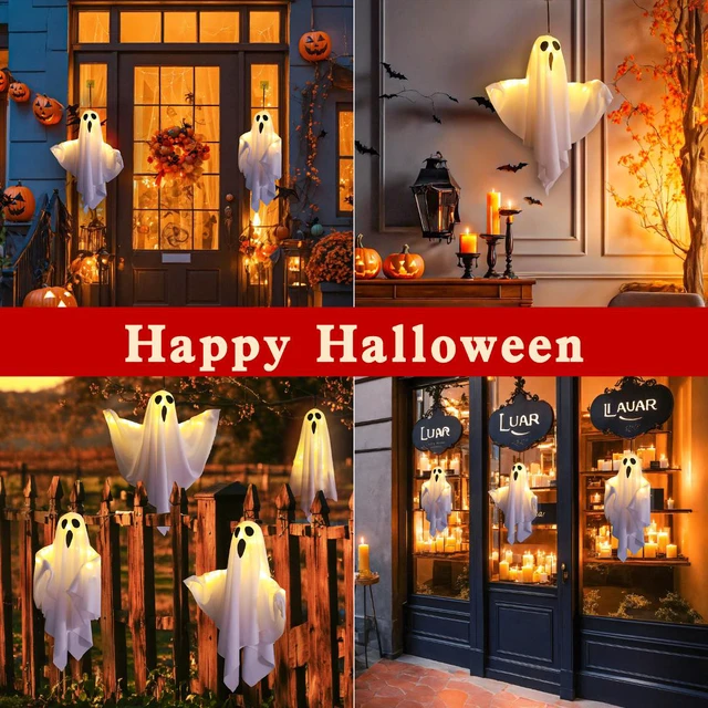 Alt view image 3 of 3 - 3Packs Halloween Light Up Hanging Ghost Halloween Ghost Decorations with LED Light Spooky Ghost Ornaments for Home Tree Garden Yard Party Décor and Holiday Decorations(White)