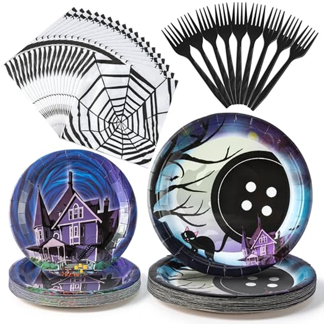 Alt view image 2 of 2 - BOpusail 96P Starry Night Ghost House Party Tableware Set, Party Supplies for Kids Birthday School Spooky Night Button Eyes heme Serves 24 Guests, Disposable Dinnerware Paper Dessert Napkins Forks