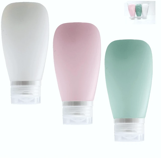 Main image of Bottles for Toiletries, TSA Approved 3oz (90ml) Leak Proof Silicone Refillable Squeeze Travel Size Containers BPA Free Air Travel for Shampoo, Lotions, 3-pk (Pink-White-Teal)
