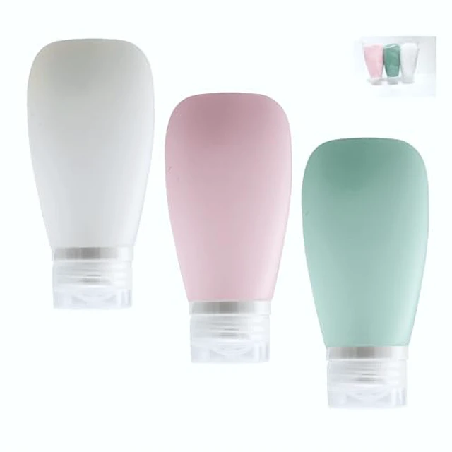 Alt view image 2 of 5 - Bottles for Toiletries, TSA Approved 3oz (90ml) Leak Proof Silicone Refillable Squeeze Travel Size Containers BPA Free Air Travel for Shampoo, Lotions, 3-pk (Pink-White-Teal)