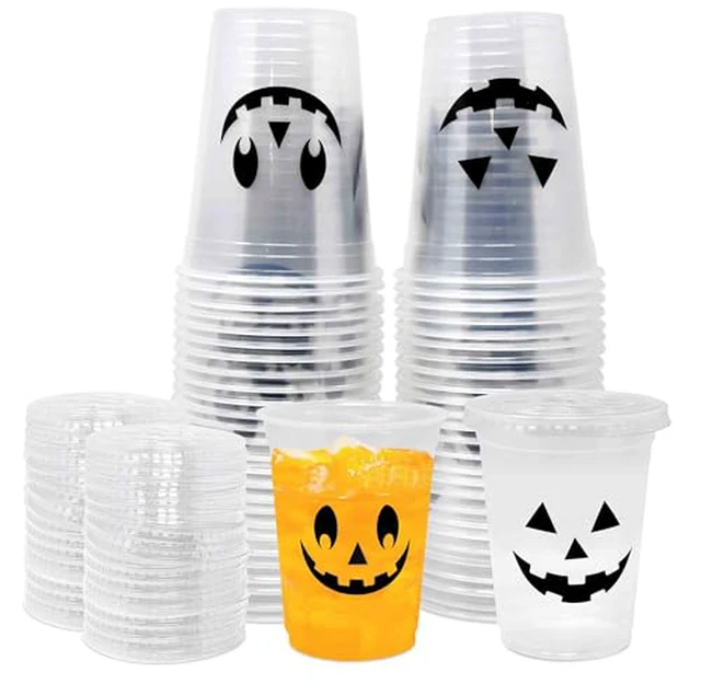 Alt view image 2 of 3 - 50 Pack 16 oz Halloween Disposable Plastic Cups with Lids Pumpkin Face