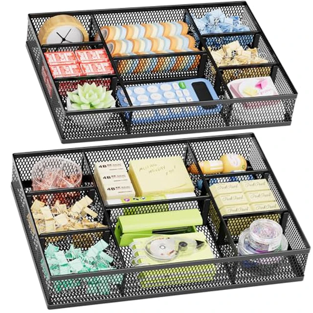 Alt view image 2 of 5 - Marbrasse 2 Pack Desk Drawer Organizer, Mesh Drawer Organizer Tray with 8 Adjustable Compartments, Desk Organizers and Accessories, 5 Dividers Drawer for Office Supplies, Makeup & Vanity (Black)